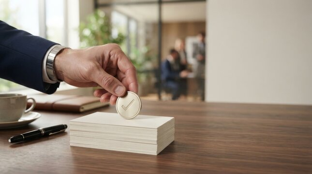 A man's hand places a golden coin with a checkmark symbol on a stack of white business cards, representing success, approval, and task completion in a professional setting
