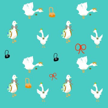 Cute geese travel seamless pattern, cute white goose tourist with backpack camera and bows, funny kids vector illustration background on turquoise background