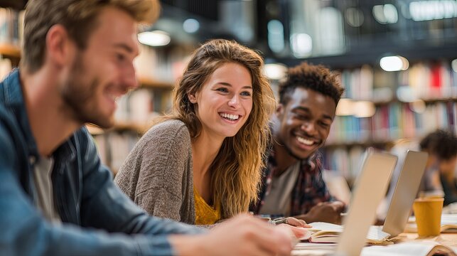 Smiling young adults converse animatedly around a table laden with books and laptops, representing connection and modern learning within a library setting
