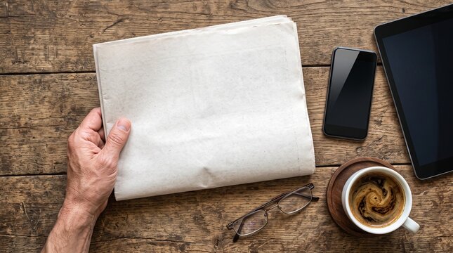 Hand holding blank newspaper mock up on wooden table next to digital devices and coffee cup, symbolizing media evolution