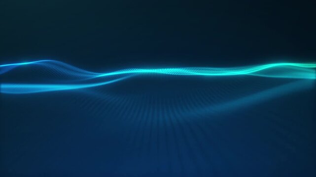 Cyan digital particle wave flowing over a dark tech background. Abstract dotted mesh surface with glowing lines, smooth motion and modern cinematic depth.