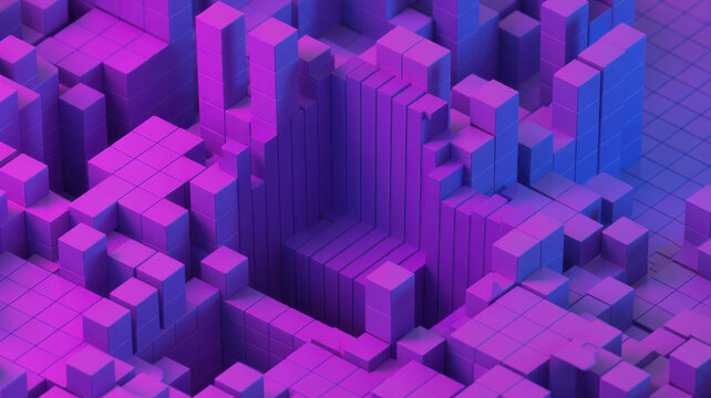 Abstract Digital Landscape Featuring Geometric Purple and Blue Cubes in a Three Dimensional Isometric Data Visualization Pattern