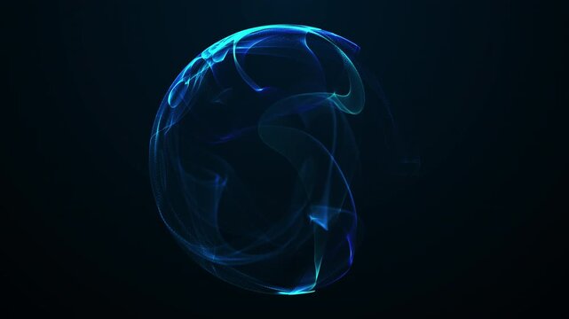 Blue translucent energy sphere floating on a dark background. Abstract glowing orb with soft light ribbons, transparent mesh texture and futuristic motion.