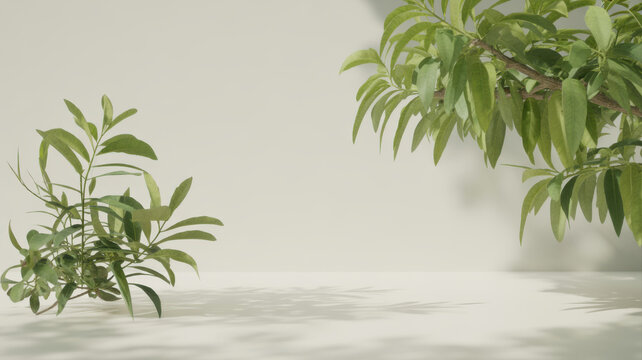 Minimalist Neutral Studio Background Featuring Lush Green Foliage Branches and Soft Natural Sunlight Shadows for Professional Product Photography