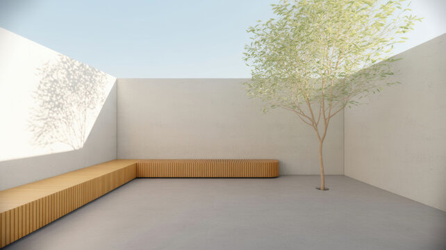 Minimalist Modern Courtyard with Wooden Bench Seating and Decorative Tree Featuring Soft Ambient Sunlight and Neutral Architectural Walls