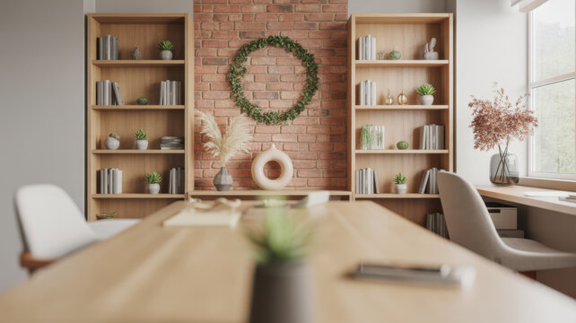 Modern Home Office Interior Featuring Natural Wood Shelving and Rustic Brick Wall with Decorative Green Wreath for Calm Workspace