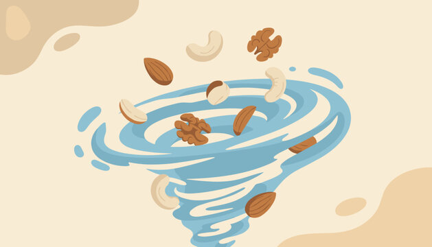Variety of assorted nuts including walnuts, almonds, and cashews swirling inside a vibrant blue water vortex or tornado.