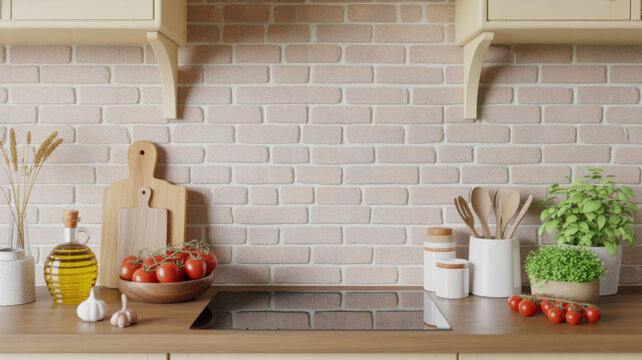 Cozy Modern Kitchen Countertop Featuring Fresh Ingredients and Ceramic Decor Elements for a Warm Home Cooking Atmosphere