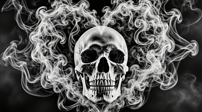 Human skull emerges from heart-shaped smoke cloud. Symbolizes life fragility, love end, and death beauty. Contrast, mystery, and dark themes.