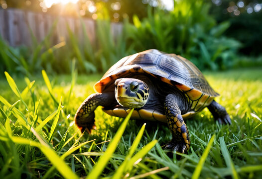 Small turtle walking through green grass in a garden with bright sunlight, nature and wildlife concept, the reptiles patterned shell and textured skin are visible as it moves slowly across