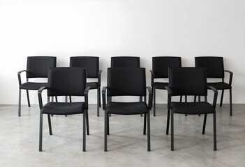 Obraz premium Empty black office chairs arranged in rows against a white wall, ready for a meeting or conference, business and corporate setting