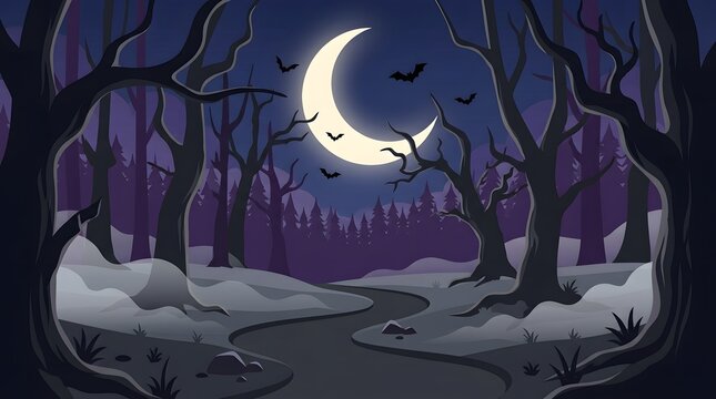 A spooky and delightful halloween night scene a flat vector illustration of a forest with a crescent moon perfect for seasonal designs