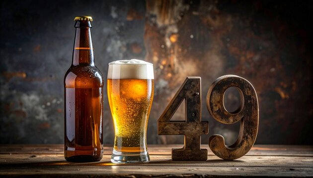 Rustic Beer Bottle and Glass with Number 49 &ndash; Birthday and Anniversary Celebration