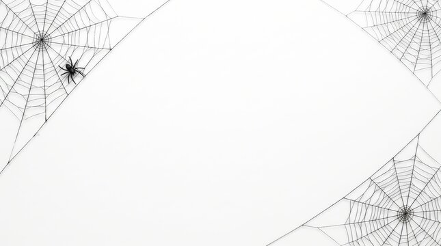 A black spider on one of three intricate webs, framing a clean white background with ample copy space in this minimalist top-down studio shot, creating an eerie halloween mood.