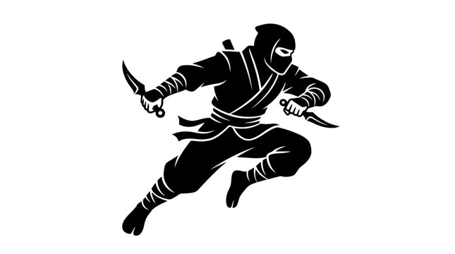 Ninja warrior jumping with kunai knives silhouette
