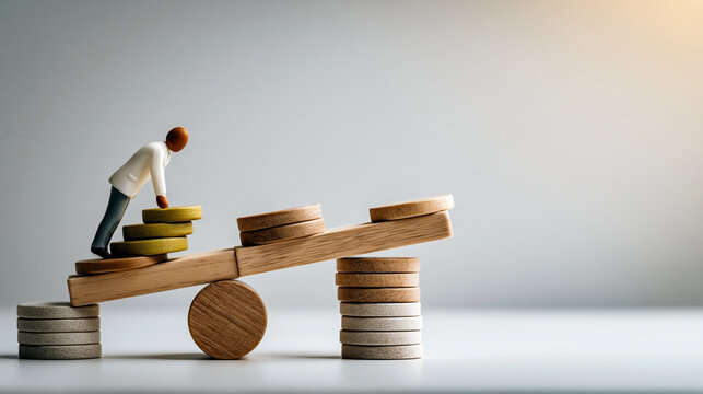 Wooden seesaw with miniature person balancing stacked coins, symbolizing financial growth