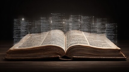 Fototapeta premium Open antique book resting on a dark wood surface, showcasing ethereal city lights rising from its pages, representing knowledge and urban exploration