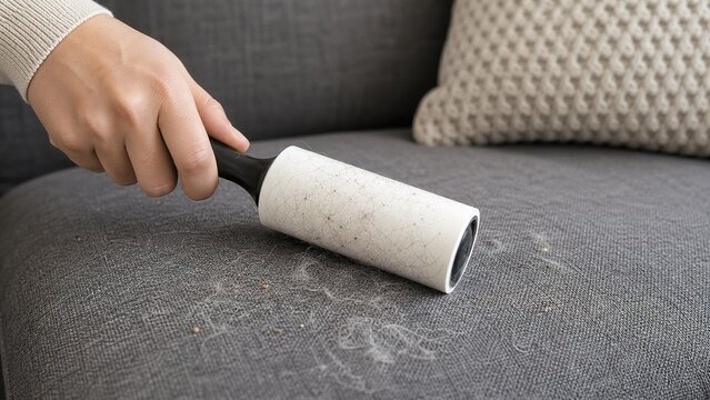 view of a hand operating a lint roller to remove dust and pet hair from a stylish gray couch featuring a soft knit pillow in the background highlighting the importance of home maintenance and tidiness