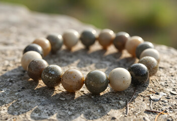 Fototapeta premium Natural stone bead bracelet with earthy tones and speckled patterns on a textured surface in sunlight