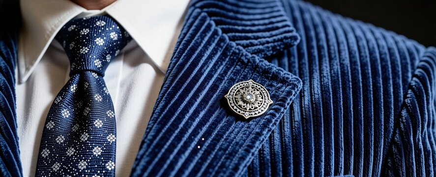 Close up view of man wearing navy blue corduroy jacket with white shirt, patterned tie. Elegant metal lapel pin sits on blazer fabric. Formal menswear attire for business meeting wedding ceremony.