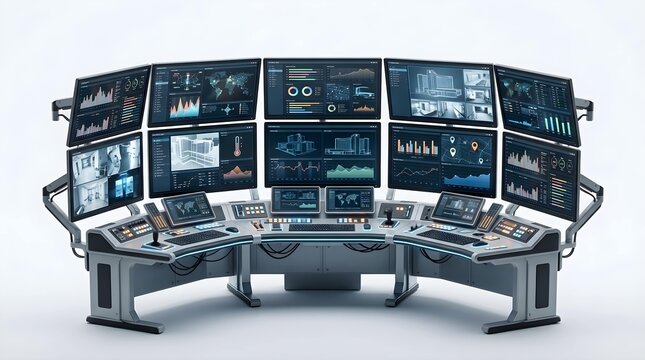 Modern futuristic control room command center with digital data screens