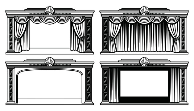 Vintage Theater Stage Vector Set Featuring Classic Arch Structures, Elegant Drapery Drapes, and Open or Closed Curtains for Performance Event Graphic Designs