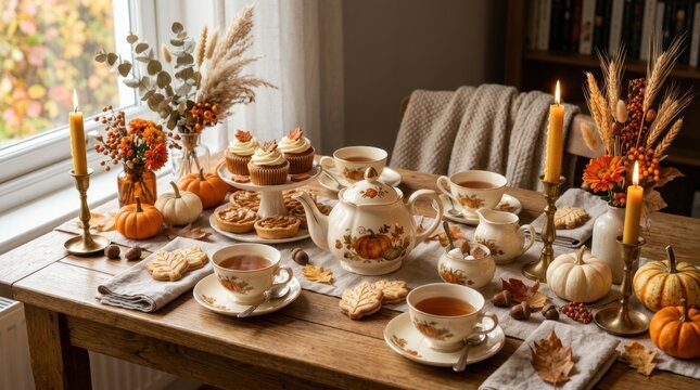 Cozy Autumn Tea Time Table with Pastries