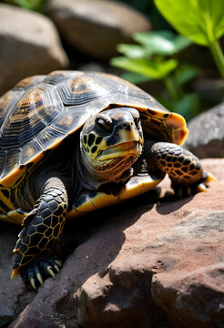 Close up of a turtle with a patterned shell and yellow markings on its head and legs, resting on a textured rock in natural light