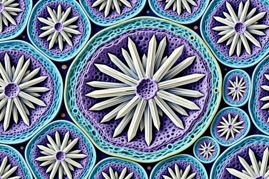 Microscopic view of plant idioblast cells with raphides. White needle like calcium oxalate crystals bundles inside circular purple structures. Botanical cellular cross section shows complex organic