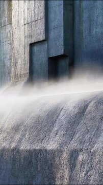 Steam rising from massive concrete industrial dam wall clouds of rise from the base of a large, rough-textured grey wall, suggesting heavy energy production