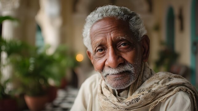 Elderly man smiling warmly in traditional attire with soft background
