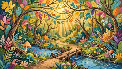 Obraz premium Whimsical Alegria Style Forest Path Graphic Illustration with Intertwined Trees Sparkling Stream Wooden Bridge Mushrooms and Canopy Sunbursts