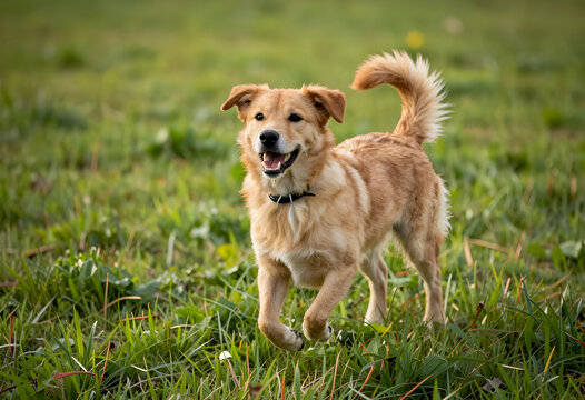 Happy golden retriever mix dog running and playing in a green grassy field on a sunny day pet care and animal welfare, this scene pet care animal welfare and the happiness of an active domestic
