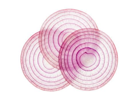 Three slices of fresh red onion isolated on transparent background