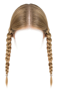 Back view of a woman with long blonde hair in two thick braids hairstyle isolated haircare plaiting hairdresser