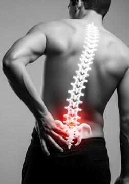 Man with Lower Back Pain and Glowing Spine Illustration Highlighting L4 and L5 Vertebrae for Medical Concept