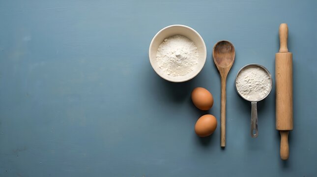 Baking essentials flour, fresh eggs, a wooden spoon, rolling pin, and measuring cup, neatly arranged on a blue background, ready for delicious homemade creations