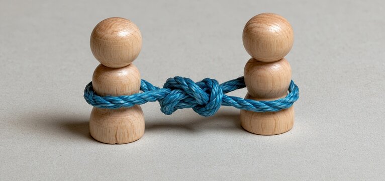 Wooden figurines connected by a tangled blue cord symbolizing communication difficulties and strained relationships.