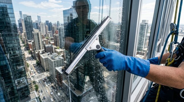 High rise window washer cleaning glass exterior of skyscraper with soapy water and squeegee in busy city setting