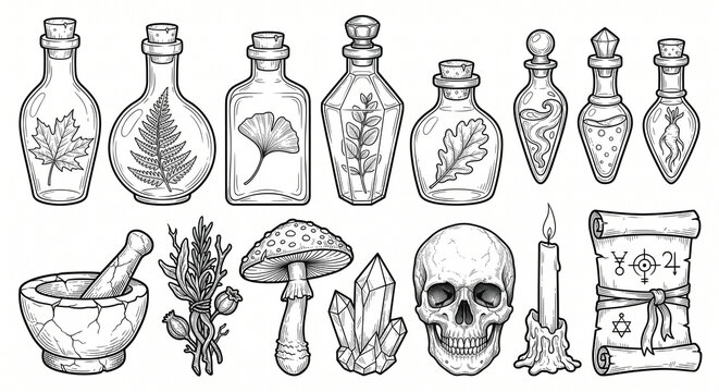Botanical Alchemy Line Art Set, Potion Bottles Herbs Mushroom Crystal Skull Vector
