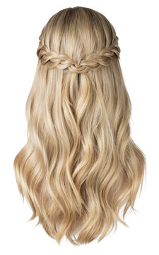 Back view of woman with long blonde wavy hair styled in crown braid hairstyle bohemian hairdresser portrait