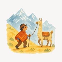 Naklejka premium Child with llama in mountains.