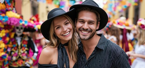 Fototapeta premium During a festive street celebration, two people wear bright Day of the Dead attire among colorful decorations.