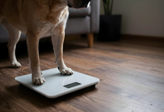 Domestic dog standing on a white digital scale on a wooden floor, pet health and weight management concept, Responsible pet ownership and veterinary care