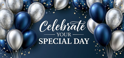 Fototapeta premium Birthday banner featuring elegant silver and navy balloons with confetti on a dark stylish background.