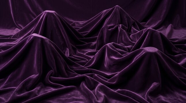 Purple velvet fabric draped over mountain shapes, luxurious violet textile background, elegant plum cloth texture with soft folds