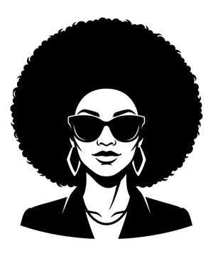 Minimalist black and white vector illustration of a stylish woman with a large afro hairstyle and sunglasses