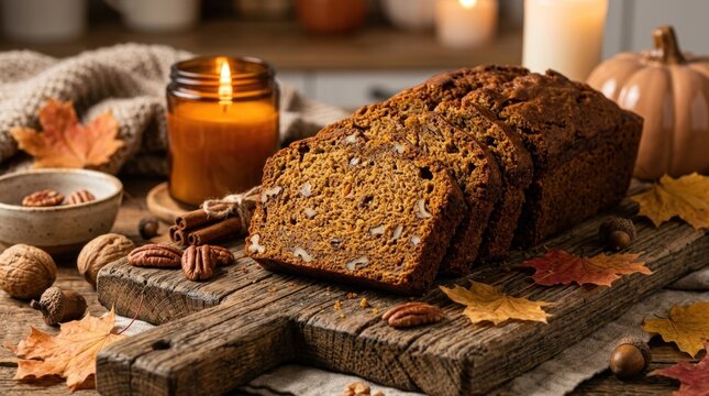 Sliced Pumpkin Bread Loaf on Wooden Board