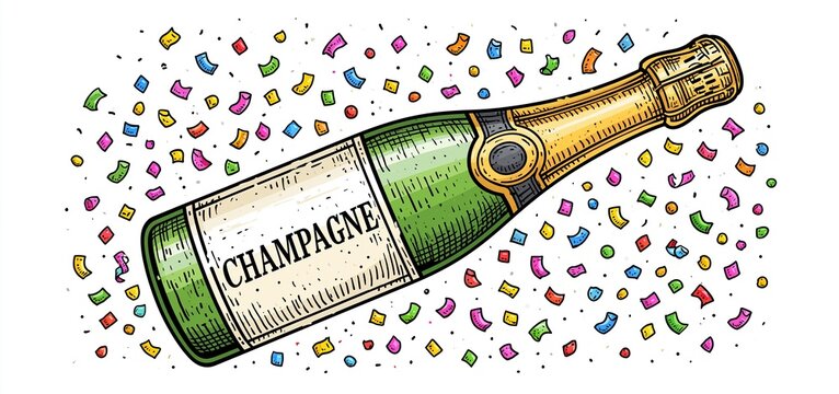 Festive confetti surrounds a sparkling wine bottle sketch, perfect for holiday and romantic celebration invitations.