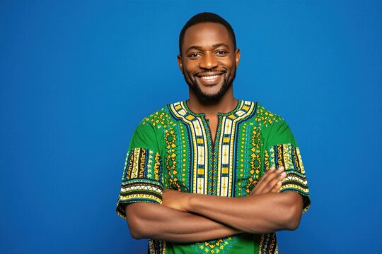 Handsome young African man wears colorful traditional patterned shirt. Smiling male person stands with crossed arms against bright blue studio wall. Confident guy represents ethnic culture fashion